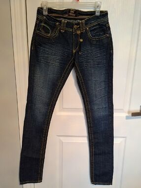 Akademiks Dark Blue Denim Jeans with Yellow Stitching